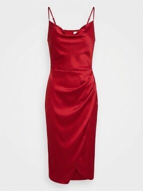 re:named Maddy Red Satin Cowl Neck Midi Slip Dress Size M Wedding Guest
